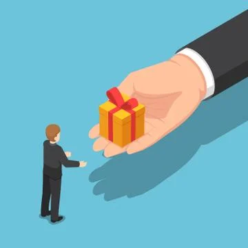 Isometric hand giving gift box to businessman Stock Illustration