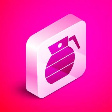 Isometric Hand grenade icon isolated on pink background. Bomb explosion. Silv Stock Illustration