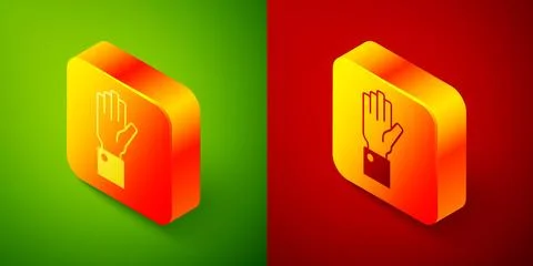Isometric Hand holding auction icon isolated on green and red background. B.. Stock Illustration