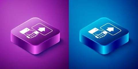 Isometric Hand holding auction paddle icon isolated on blue and purple back.. Stock Illustration