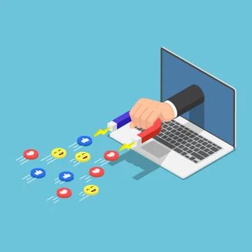 Isometric Hand holding a magnet appeared from laptop monitor and attracting s Stock Illustration