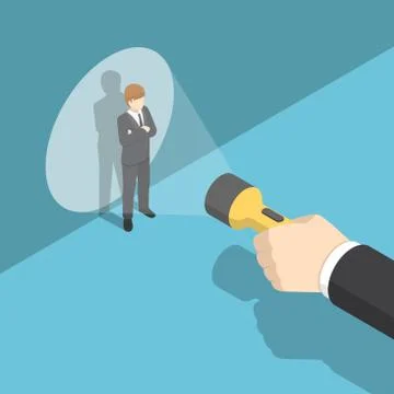Isometric hand pointing flashlight at businessman. Illustrazione stock
