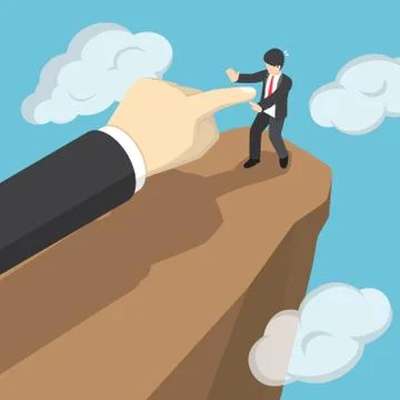Isometric hand push businessman to fall the from cliff. Stock Illustration
