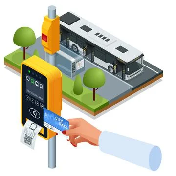 Isometric hand using paper smart card ticket to pay money for transportation at Stock Illustration