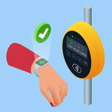 Isometric hand using paper smart card ticket to pay money for transportation at Stock Illustration