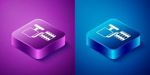Isometric Handle detonator for dynamite icon isolated on blue and purple Illustrazione stock