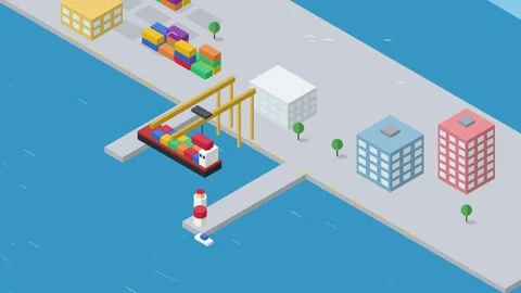 Isometric harbor with cargo ship docking and container crane lifting Stock Footage 348622932