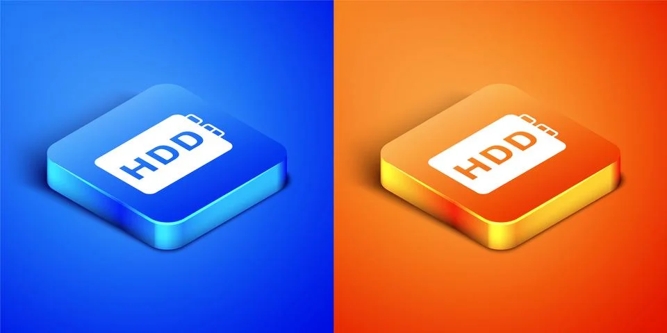Isometric Hard disk drive HDD icon isolated on blue and orange background Stock Illustration