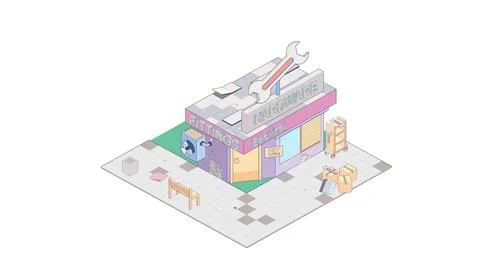 Isometric hardware shop on white background. Modern hardware shop in isometric Stock Illustration