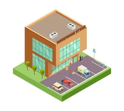 Isometric hardware store. Location with 3D building people parking cars Stock Illustration