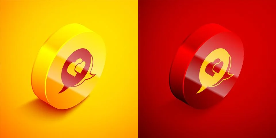 Isometric Heart in speech bubble icon isolated on orange and red background.. Stock Illustration