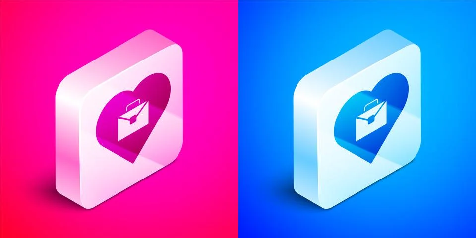 Isometric Heart with text work icon isolated on pink and blue background. Silver 스톡 일러스트