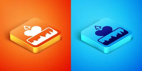 Isometric Heartbeat increase icon isolated on orange and blue background. I.. Stock Illustration