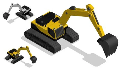 Isometric Heavy excavator machine for construction and earthworks. Industrial Illustrazione stock