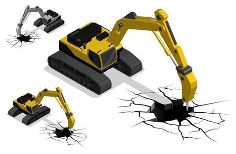 Isometric Heavy tractor machine for construction with demolition jackhammer.  Stock Illustration