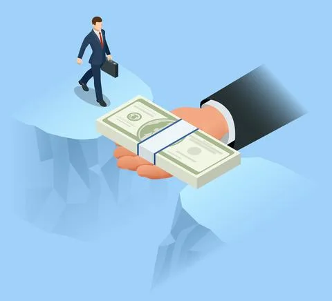 Isometric helping hand with dollar bill bridging economy gap assisting business Stock Illustration