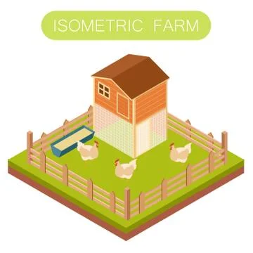 Isometric henhouse with chikens Stock Illustration