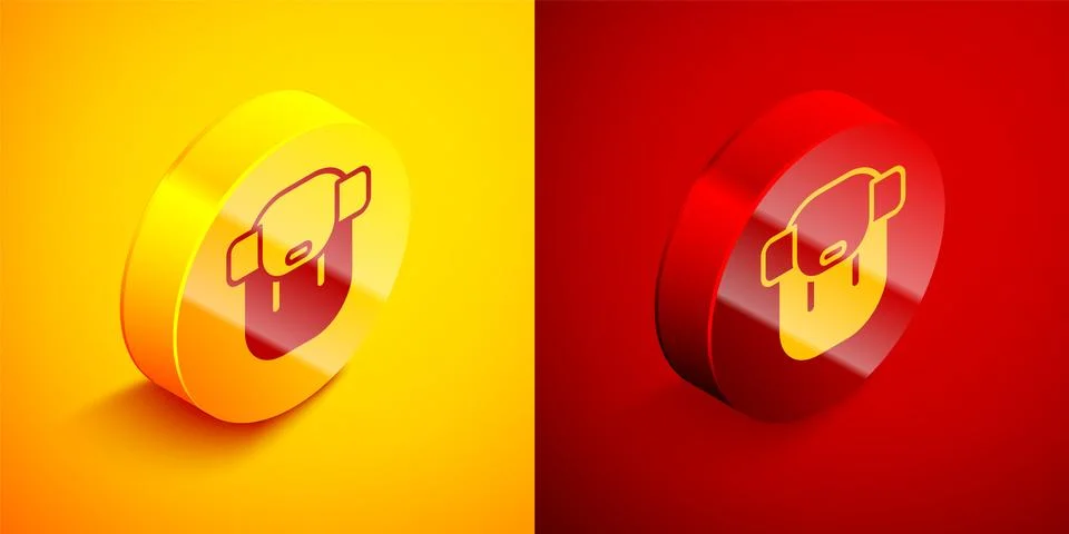 Isometric Hiking backpack icon isolated on orange and red background. Campi.. Stock Illustration
