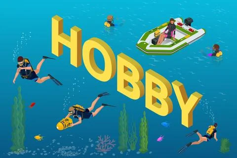 Isometric Hobby concept. Scuba divers swimming with aqualungs underwater of blue Stock Illustration