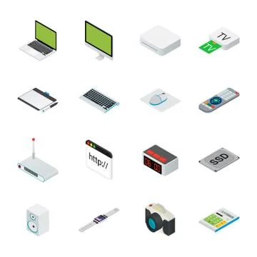 Isometric home and office computer equipment with desktop, laptop, tablets Stock Illustration