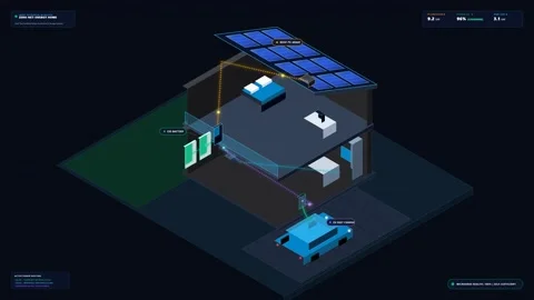 Isometric Home Energy Efficiency Cutaway with solar panels, insulation 4K Alpha Stock Footage 346357373