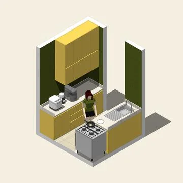 Isometric Home Kitchen 3D Style Illustration Stock Illustration