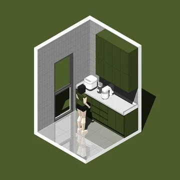 Isometric Home Kitchen Interior Vector Illustration Stock Illustration