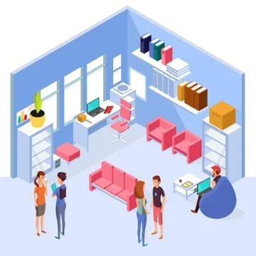 Isometric home office interior. 3d workspace with computer and furniture with Stock Illustration