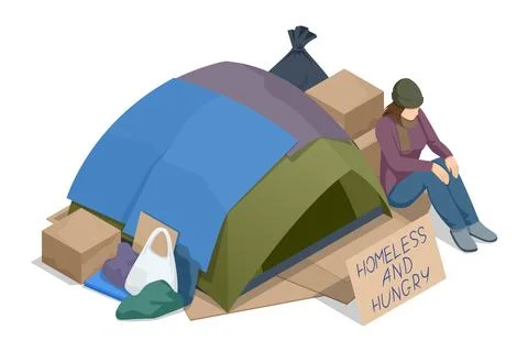 Isometric Homeless needing help, begging money woman, bum. Tent with a homeless Stock Illustration