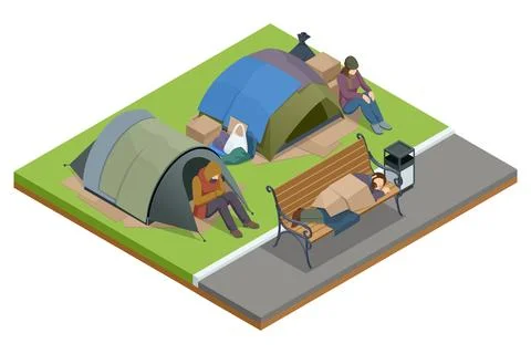 Isometric Homeless needing help, begging money man, bum. Many tents of homeless Stock Illustration