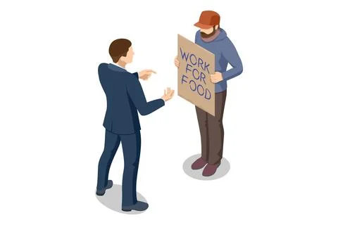 Isometric Homeless needing help, begging money man women, bum. A man, homeless Stock Illustration