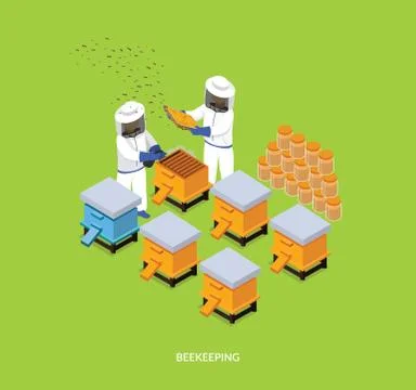 Isometric Honey Bee Apiary Beekeeper Design Flat Stock Illustration