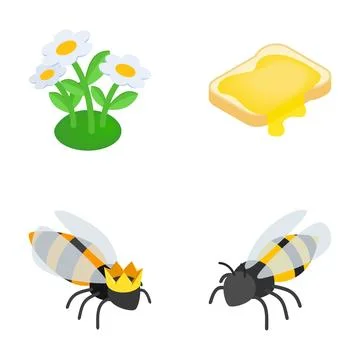 Isometric honey, bee, queen bee and daisy icons Ilustração Stock