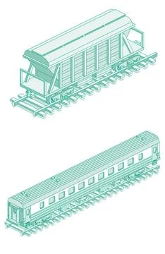 Isometric hopper car and passenger coach on railway. Freight wagon for bulk.. Stock Illustration