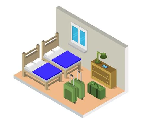 Isometric hostel room in vector on white background Stock Illustration
