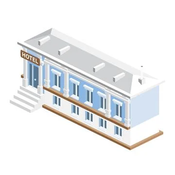 Isometric hotel in classical style with columns. Small hotel building facade. Ilustración de archivo