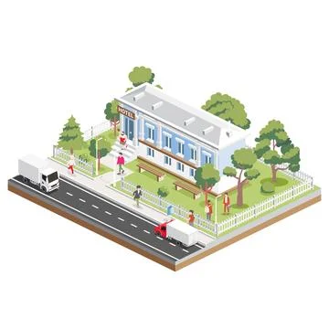 Isometric hotel in classical style with columns. Small hotel building facad.. Ilustración de archivo
