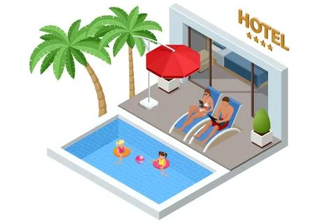 Isometric hotel illustration with pool, trees, tables, and grass Stock Illustration