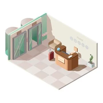 Isometric hotel reception hall interior 스톡 일러스트