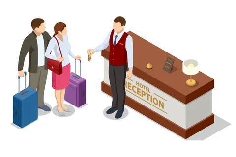 Isometric Hotel Reception Interior. Reception Desk. Man Receptionist Character Stock Illustration