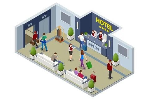Isometric Hotel Reception Interior. Reception Desk. Man Receptionist Character Stock Illustration