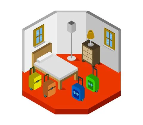 Isometric hotel room in vector on white background Stock Illustration