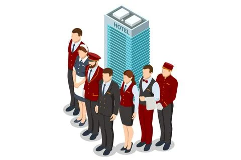 Isometric Hotel Services Receptionist Baker and Waiter, Cleaners and Porter Stock Illustration