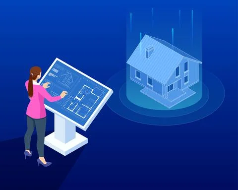 Isometric house architectural project. Virtual interactive interface. Engineer Illustrazione stock