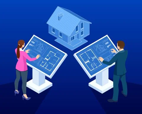 Isometric house architectural project. Virtual interactive interface. Engineer Illustrazione stock