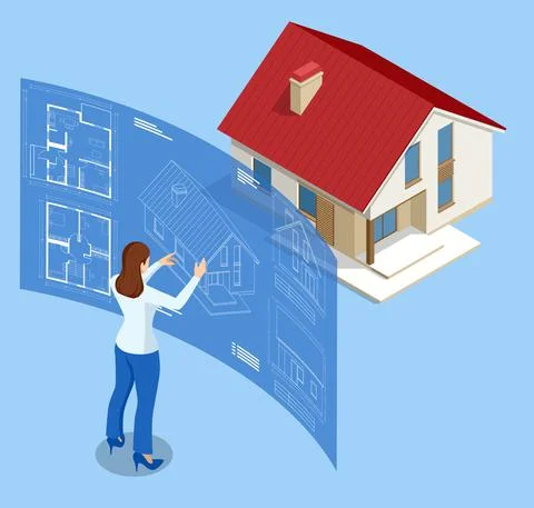 Isometric house architectural project. Virtual interactive interface. Engineer Stock Illustration