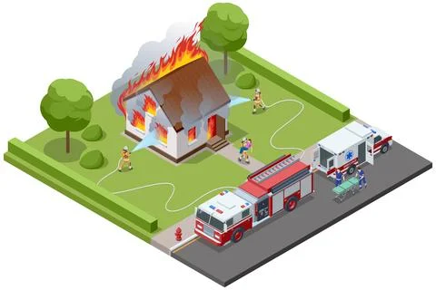Isometric house fire emergency with firefighters and ambulance Stock Illustration
