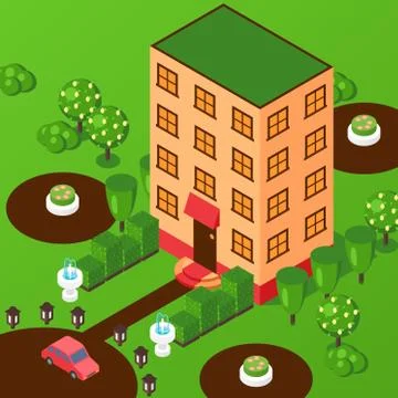 Isometric house multi storey building, vector illustration. Perspective view Ilustración de archivo