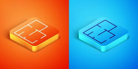 Isometric House plan icon isolated on orange and blue background. Vector Ilustración de archivo