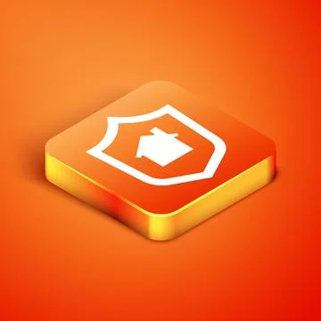 Isometric House with shield icon isolated on orange background. Insurance c.. Stock Illustration